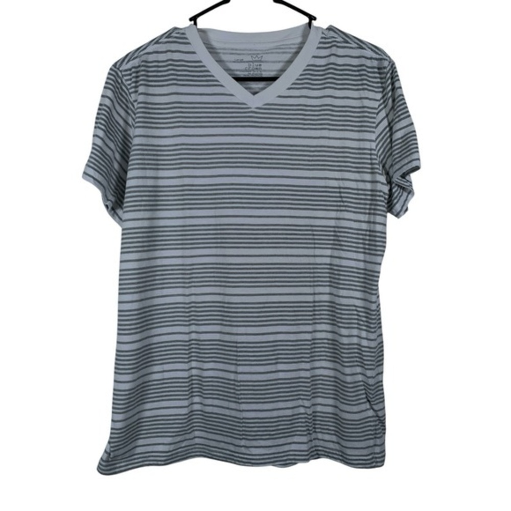 Blue Brown White Gray Stripe V-Neck Shirt Size Large EUC #1561